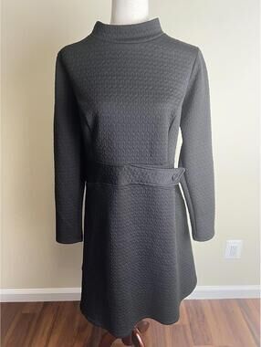 ModCloth Textured Knit Dress 2X Black Long Sleeve Mock Neck Belted Waist A-Line